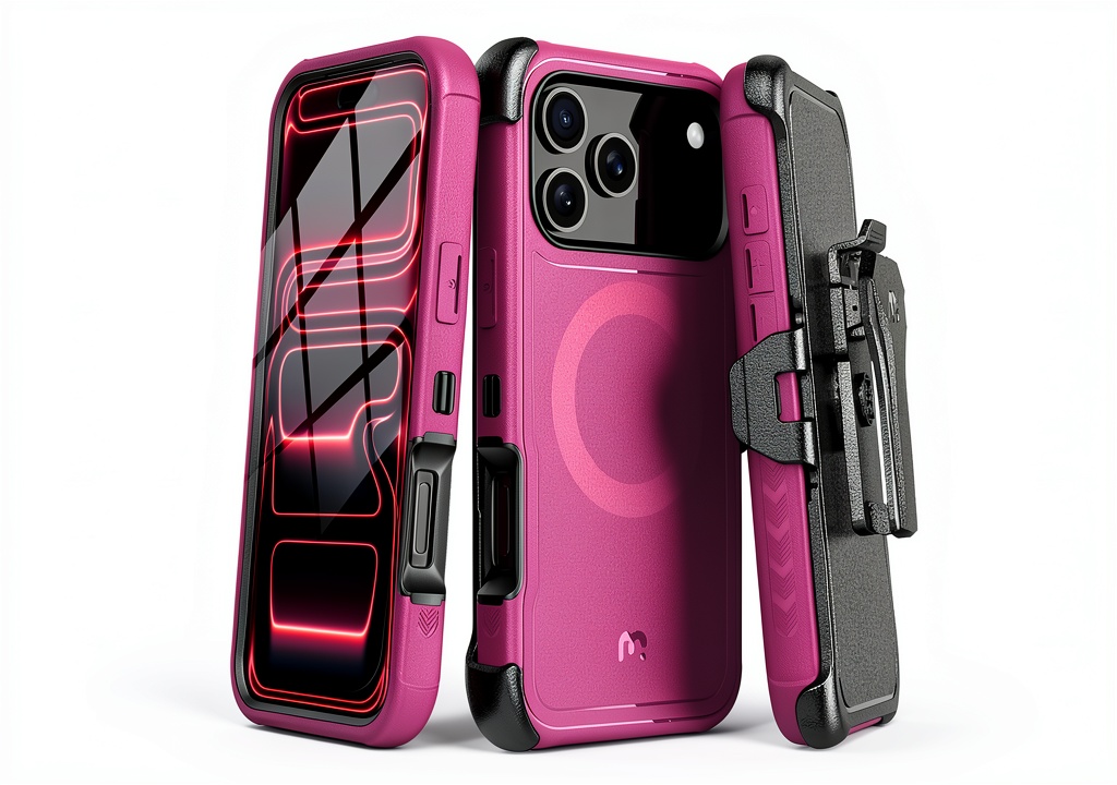 iPhone 17 Pro Max with M MYBAT PRO case in a busy city setting
