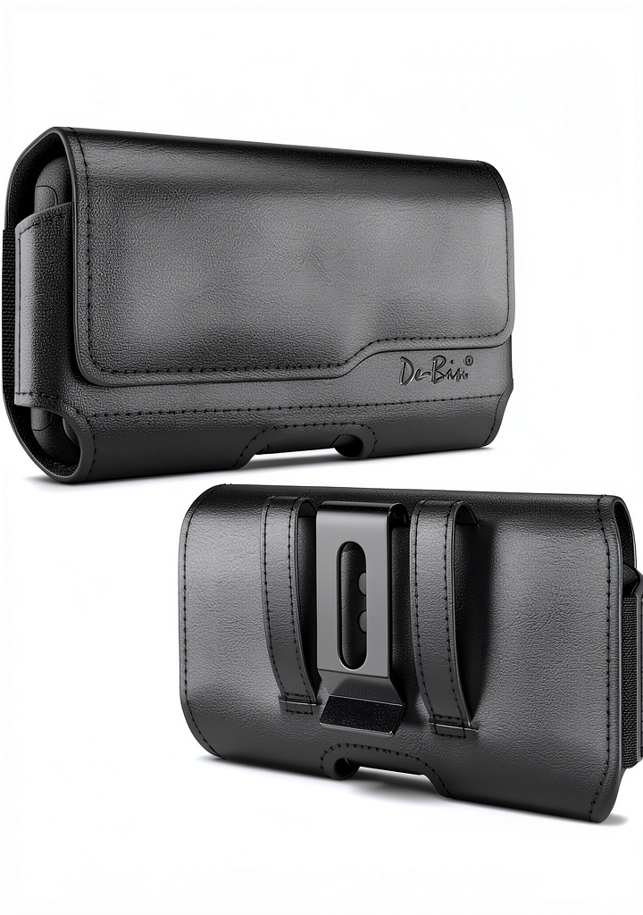 DeBin phone holster attached to a belt with a smartphone inside