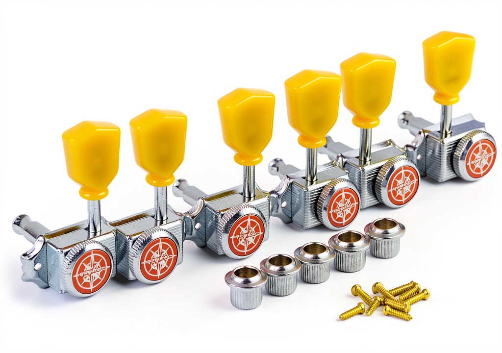 Guyker guitar tuning machines installed on a guitar headstock