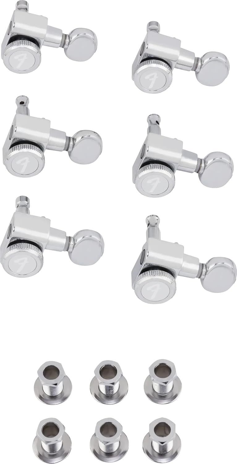 Chrome vintage button tuners installed on an electric guitar