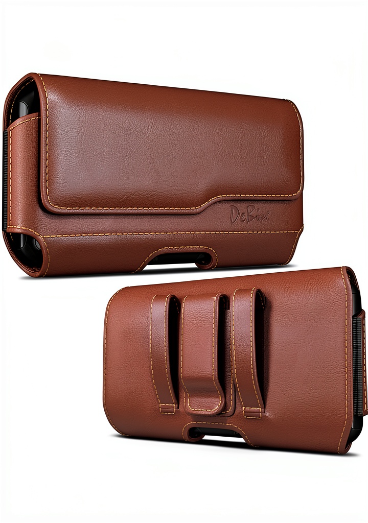 DeBin leather phone holster attached to a belt in an urban setting