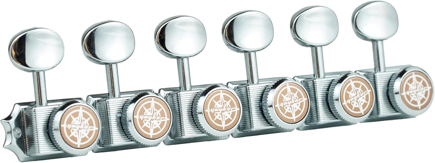 Close‑up of Pavo chrome locking tuners installed on a guitar headstock