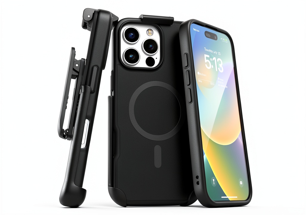 Encased SlimShield case on a belt clip in an urban setting